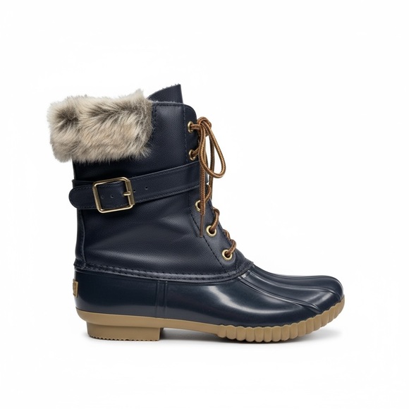 Adriana ❁ Faux Fur Lined Belted Duck Boots ❁ Navy ❁ 6M ❁ Rainy Day Favorite - Picture 2 of 15